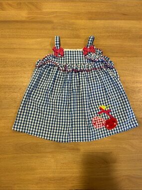 iris & ivy Blue Gingham Dress with Red Cherry Appliqué